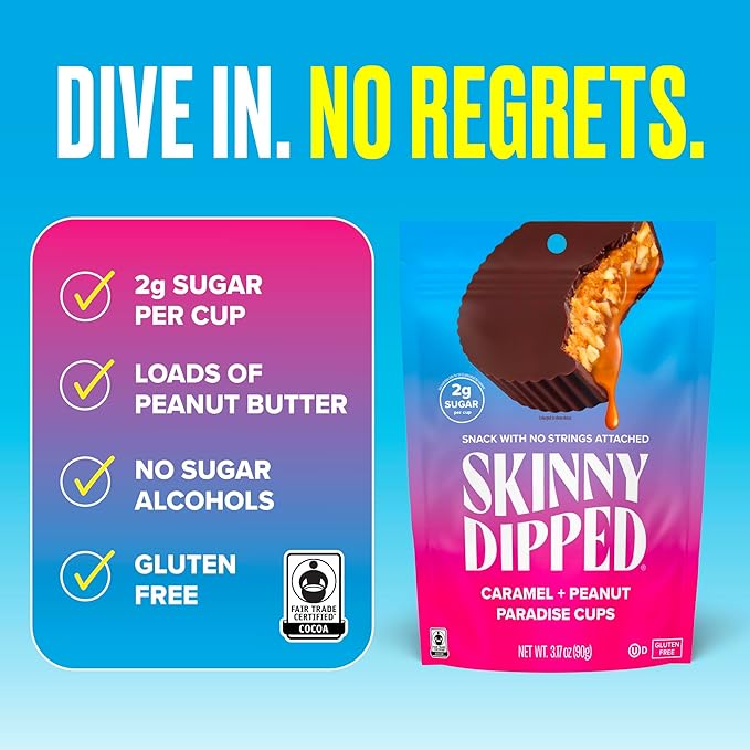 SkinnyDipped Caramel Peanut Paradise Cups 2g Sugar per Cup Gluten Free Low Carb Snack 3.2oz Resealable Bags 6 Count (Pack of 4)