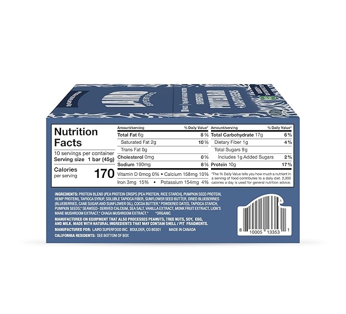 Laird Superfood Functional Protein Bars Protein Bar but Better with Real Ingredients Functional Mushrooms 10g Plant-Based Protein 6g Fiber Blueberry Sunflower Butter 10 Count (Pack of 1)