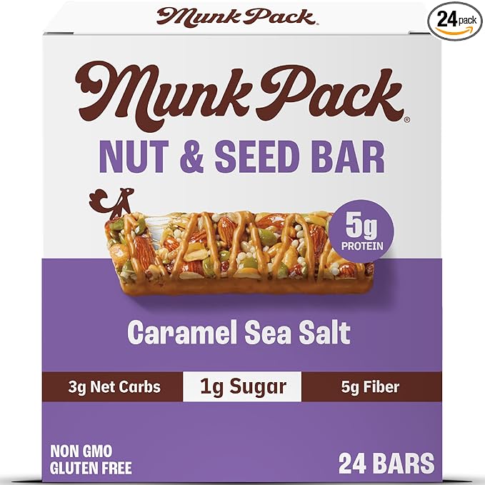 Munk Pack Nut &amp Seed Bars Caramel Sea Salt Prebiotic &amp Probiotic GLP-1 Snack Gut Friendly 5g Fiber 5g Plant Protein Gluten Free Keto No Sugar Alcohols 3g Net Carb 24 Count