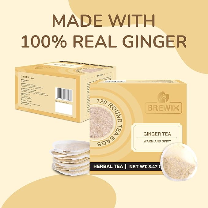 BREWIX Ginger Tea Bags (120 Tea Bag) Caffeine Free &amp 100% Pure Ginger Root | Naturally Supports Healthy Digestion | Spicy &amp Warming | Premium Eco Conscious Bags