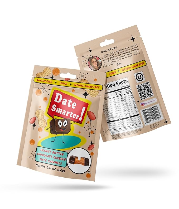 Date Smarter Chocolate &amp Peanut Butter Date Caramels Variety Pack - Naturally Sweetened with Real Dates - Vegan Gluten-Free Dairy-Free Refined Sugar-Free Plant-Based Snack Bites - 2.8 oz 6 Pa