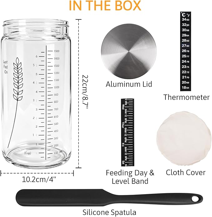 57oz Sourdough Starter Jar Kit Extra Large Capacity Sourdough Jar Wide Mouth Sourdough Bread Starter Kit for Perfect Sour Dough Bread Aluminum Lid for 2 Storage Options Glass Jar for Baker (Black)