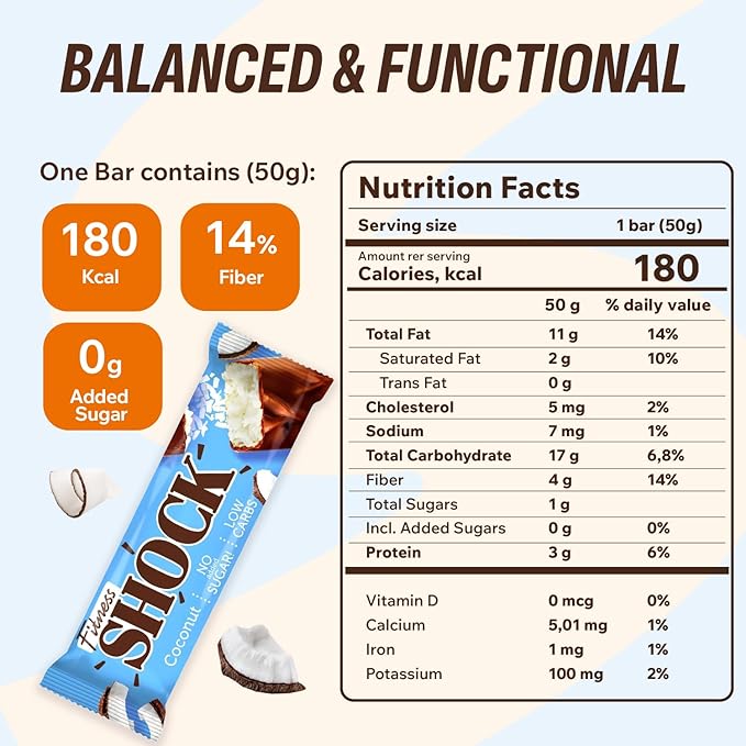 FitnesSHOCK Coconut Snack Bars – Low Sugar Snack Bar (1g Sugar 0g Added Sugar) – Dessert Alternative – Dark Chocolate &amp Coconut Flakes – 12 Count
