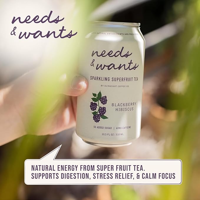 Needs &amp Wants Sparkling Tea - Blackberry Hibiscus 10.5oz Cans (12 Pack) | Organic Superfruit Tea with Cascara Blackberry Juice &amp Hibiscus Lightly Sweet with Notes of Vanilla &amp Cinnamon