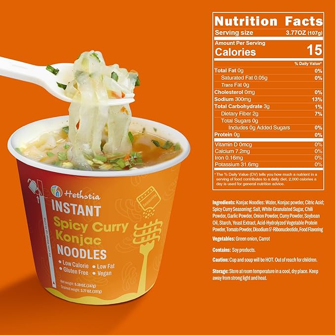 Hethstia Konjac Noodle Soup 6-Pack Instant Shirataki Noodle Spicy Curry Cups – Low Carb Vegan Keto Gluten-Free Ready-to-Eat Asian Pho Low-Calorie Quick Meal 34.32oz