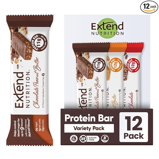 Extend Sugar Free Protein Bars Perfect Diabetic Snacks High Protein and Fiber Hunger Control &amp Steady Energy Low Carb Keto Friendly (12 Count Variety Pack)