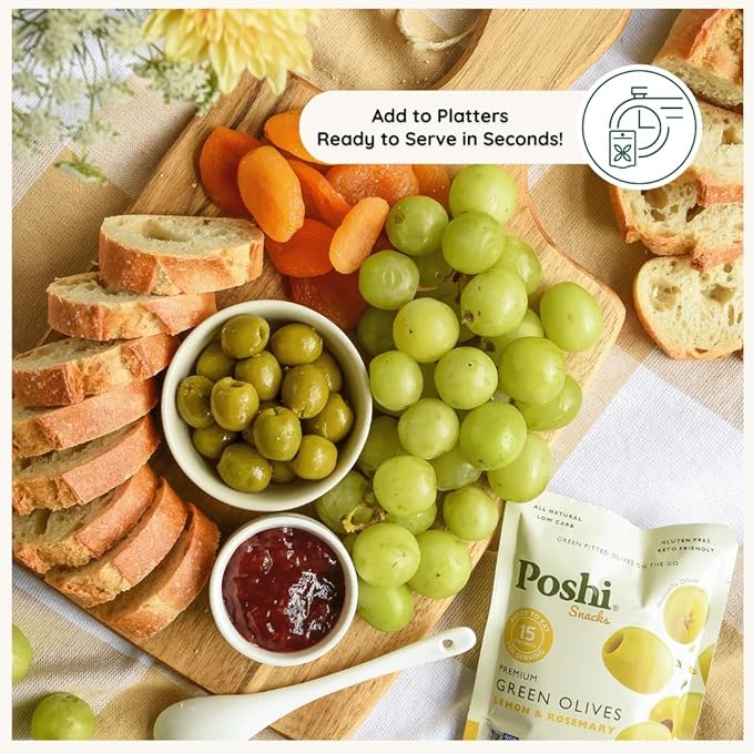 POSHI Green Pitted Olives - Lemon &amp Rosemary | Vegan Kosher Gluten Free + Keto Friendly Fresh All Natural Low Calorie Healthy Snacks | (30 Pack 1.1oz Bags)