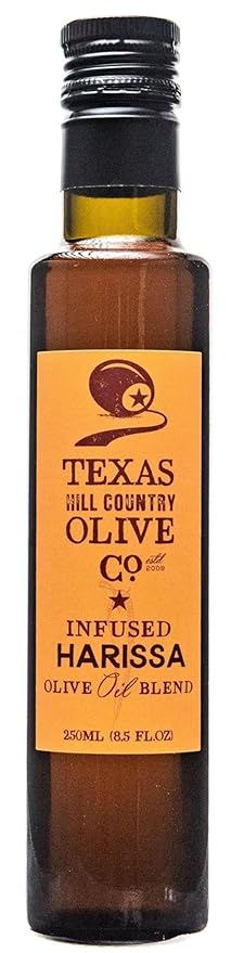 Texas Hill Country Olive Co Harissa Infused Olive Oil - Cold Pressed Gourmet EVOO Olive Oil - Great for Dressing Dipping Marinade - No Artificial Flavors or Added Sugar - Made in Texas (8.5 Fl Oz)