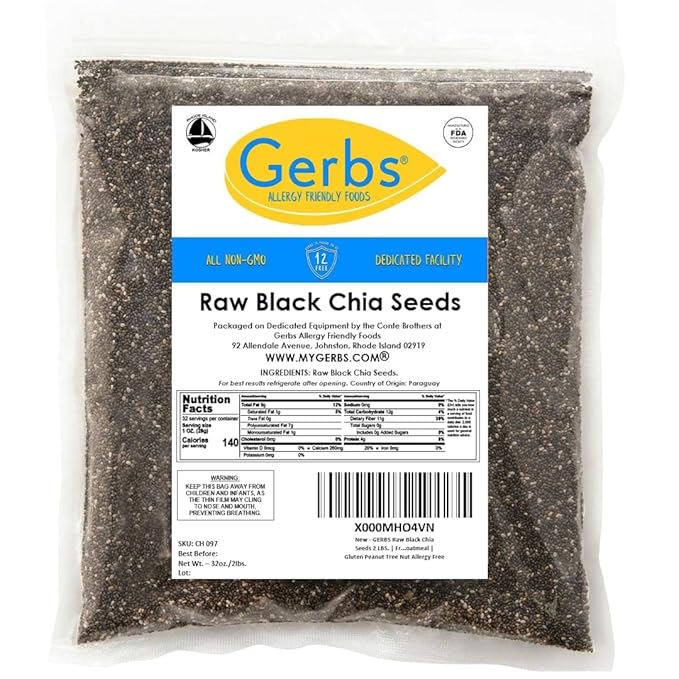Gerbs Raw Black Chia Seeds 2 lbs. | Small-Batch Packed in Resealable Bag No Artificial Additives | Mildly Nutty Flavor Ideal for Yogurt Oatmeal &amp Baking | Top 14 Allergen-Free