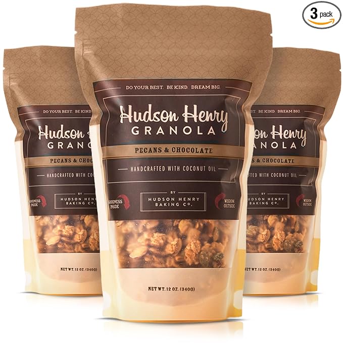 Hudson Henry Chocolate Pecan Granola for Yogurt Snacking &amp Cereal | Dark Chocolate Granola with Pecans &amp Oats | Gluten Free Non-GMO Small Batch Baked | 3 Pack (12 oz Bags)