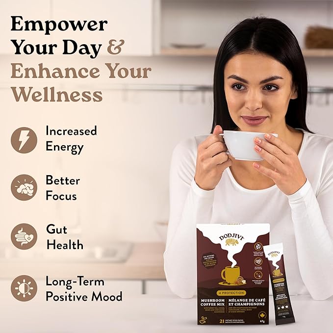 Dodjivi Organic Mushroom Coffee Instant Packets 100% Arabica Coffee Powder with Reishi mushroom Lion's mane ChagaTurkey Tail for Better Focus Immune Support Keto Friendly (30 Sticks Each 3.2gm)