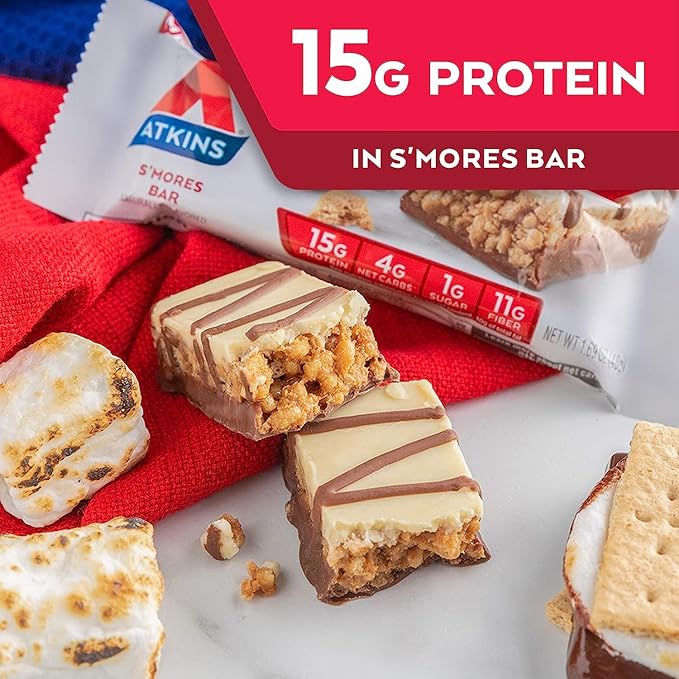 Atkins S’mores Protein Meal Bar High Fiber 1g Sugar 4g Net Carbs Meal Replacement Keto Friendly 30 Count