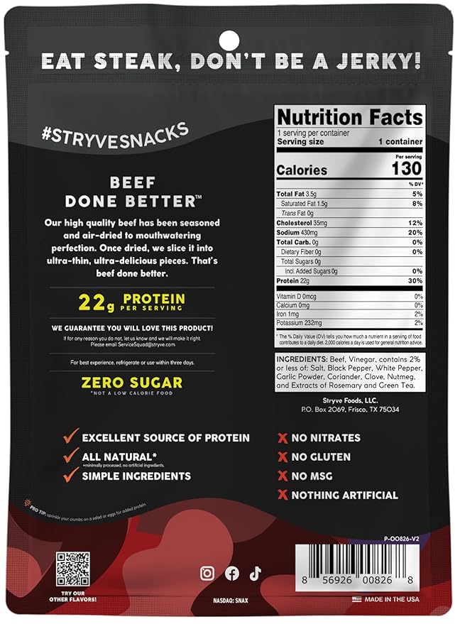 Stryve Protein Snacks - Better Than Jerky Steak Biltong | 22g Protein Sugar Free Zero Carbs Gluten Free Dairy Free Keto &amp Paleo Friendly | Beef Brisket Pack Of 4