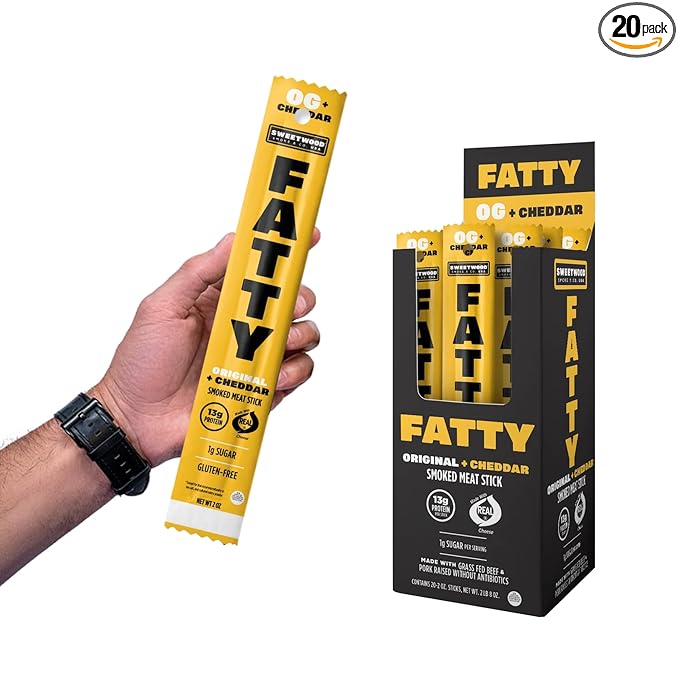 FATTY Meat Sticks High Protein Made with Grass Fed Beef Pork Raised Without Antibiotics 13g Protein Per Stick Original Cheddar Easter Basket Stuffer for Men 2 oz. (Pack of 20)