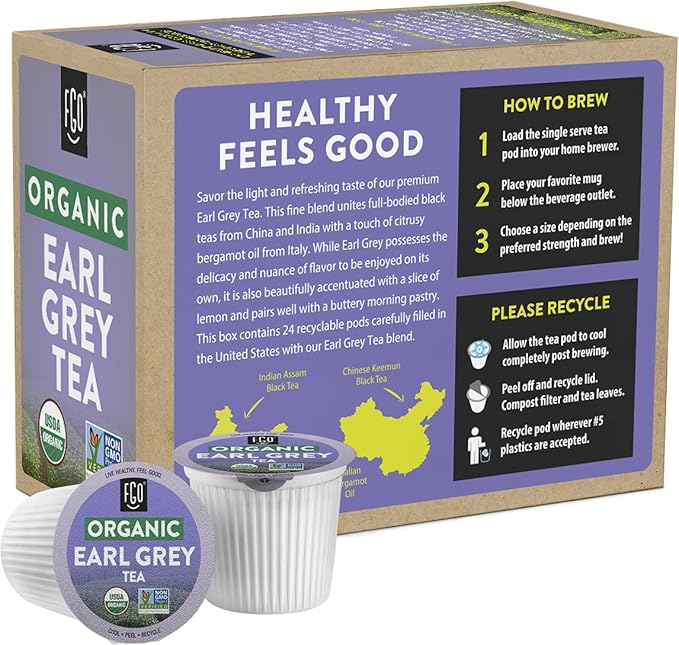 FGO Organic Earl Grey Tea K-Cup Pods for Keurig 24 Count (Pack of 1) Premium Black Tea is USDA Organic Non-GMO &amp Recyclable with Naturally Occurring Caffeine