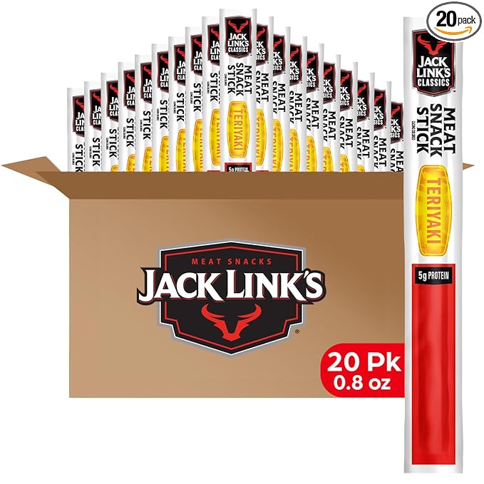 Jack Link's Classics Meat Sticks Teriyaki - Protein Snack Meat Snack Sticks with 5g of Protein Made with Beef &amp Pork Keto Friendly Individually Wrapped - 0.8 Oz. (Pack of 20)