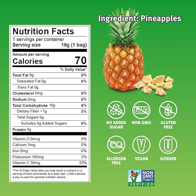 Crispy Green Freeze-Dried Pineapple Fruit Snacks 0.63 Oz (Pack of 12) 100% Pure Fruit All-Natural No Added Sugar Single-Serve Bags for Healthy Snacks &amp School Lunches