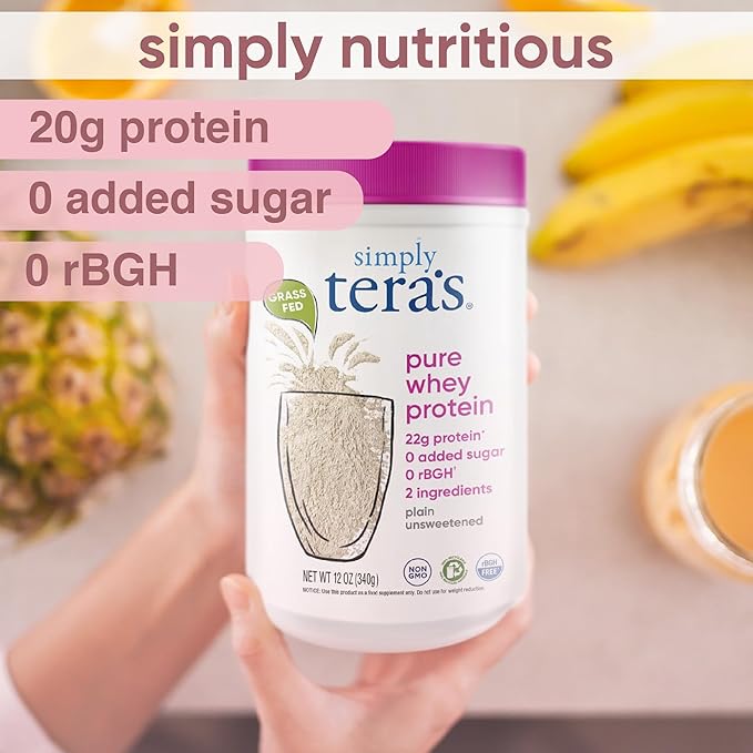 simply tera's Pure Whey Protein Powder - Grass Fed Whey Protein Powder Clean &amp Natural Unflavored Non-GMO Kosher Unsweetened - 12 Oz