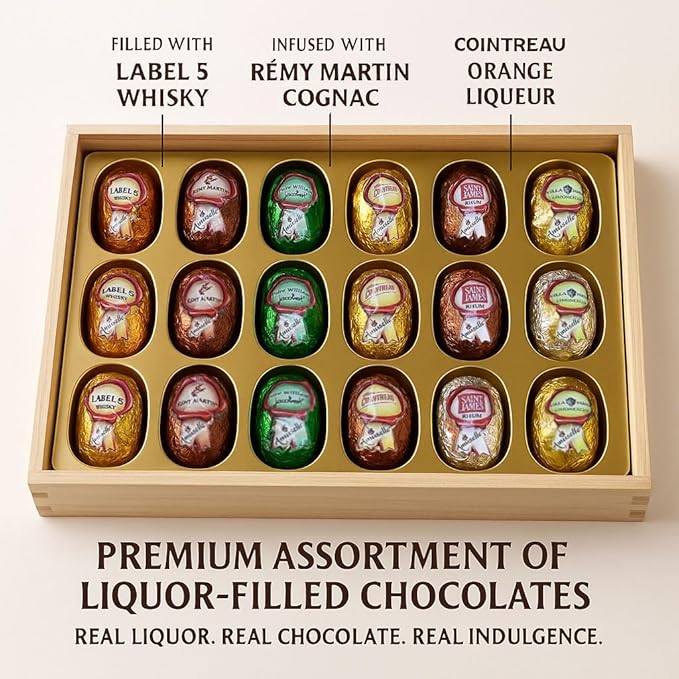 ANDY ANAND CHOCOLATIER European Flavor-Inspired Dark Chocolate Bottles – Smooth Filled Dark Chocolate Assortment Gluten Free Gourmet Chocolates in Elegant Wooden Gift Box (18 Pieces)