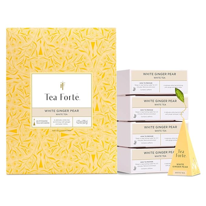 Tea Forte White Ginger Pear Premium Caffeinated White Tea Blend Event Box Bulk Pack 40 Count 10 per tray Individually Wrapped Handcrafted Pyramid Infusers