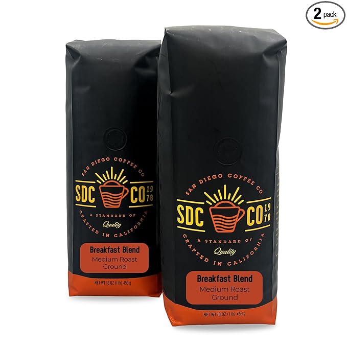 San Diego Coffee Breakfast Blend Medium Roast Ground Coffee 16-Ounce Bags (Pack of 2) Café molido tostado