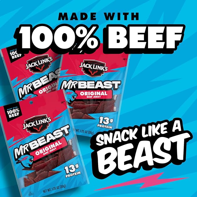Jack Link's x MrBeast Original Beef Jerky - (10 Pack) 1.25 oz Bags - Ready to Eat Protein Snacks - 13g Protein per Serving - Made with 100% Real Beef