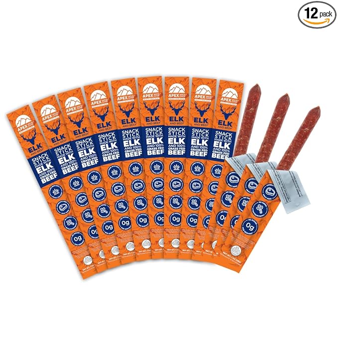 Apex Wild Game Gluten Free Keto Paleo Grass Fed Beef Zero Sugar Jerky Meat Snack Stick 1oz 12-Pack Elk