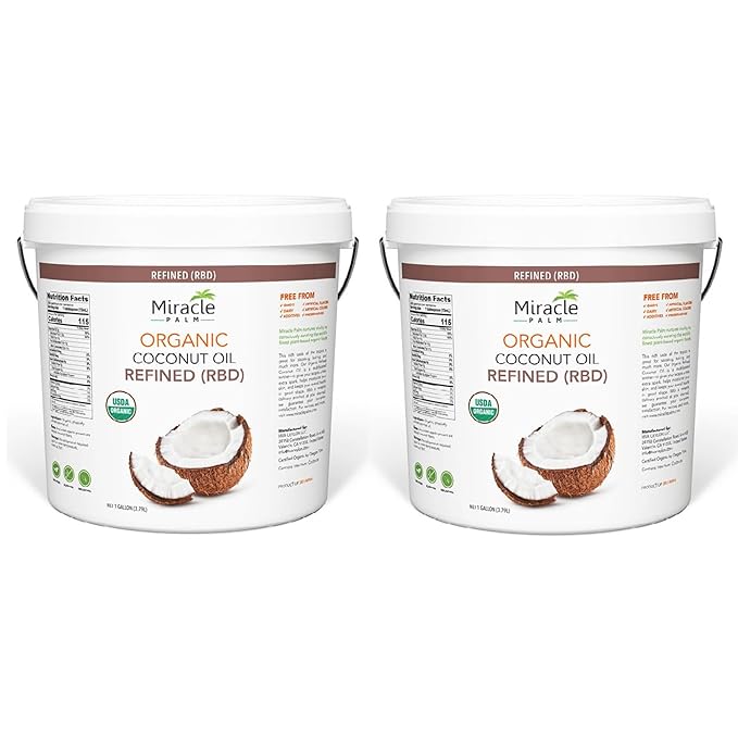 Miracle Palm Organic Refined Coconut Oil Gallon - USDA RBD 1 Gallon (Pack of 2) - Gluten Free Vegan Paleo - Ideal Coconut Oil for Cooking Baking Frying Hair &amp Skincare - Tasteless &amp Deod
