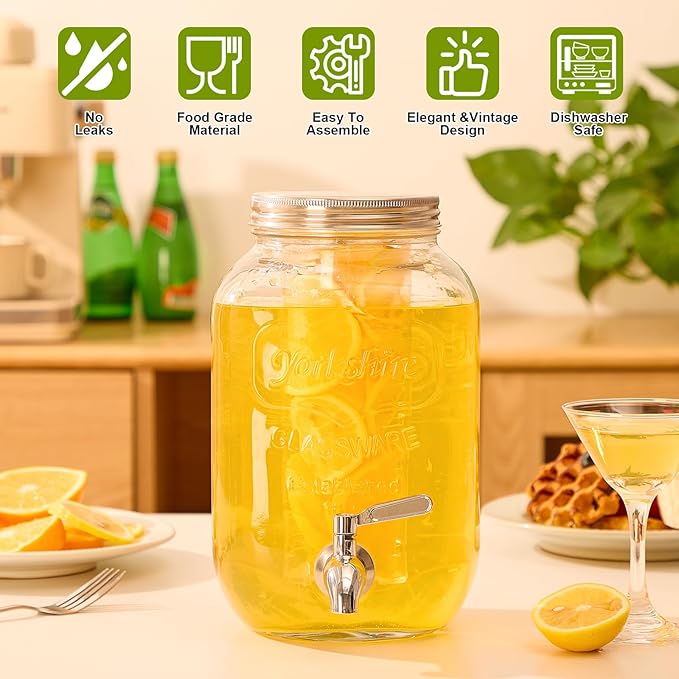 1 Gallon Beverage Dispenser Glass Drink Dispensers for Parties Fruit Infuser and Stainless Steel Spigot 100% Leakproof Beverage Dispenser for Lemonade Sun Tea