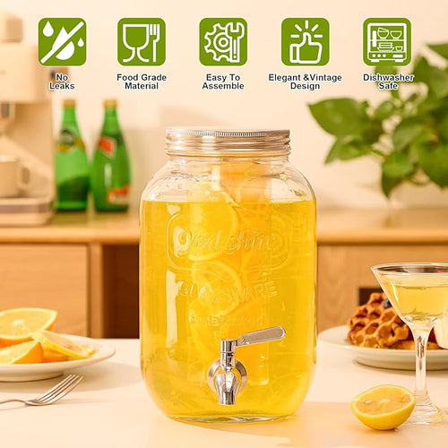 1 Gallon Beverage Dispenser Glass Drink Dispensers for Parties Fruit Infuser and Stainless Steel Spigot 100% Leakproof Beverage Dispenser for Lemonade Sun Tea