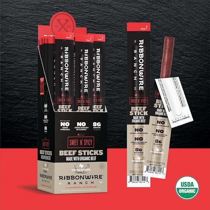 Ribbonwire Ranch Beef Sticks Made with Organic Beef Pasture Raised High Protein Snack Healthy Low Carb Keto Friendly Gluten Free Nitrate Free On the Go 1 Oz Sticks Sweet N' Spicy 24 Pack