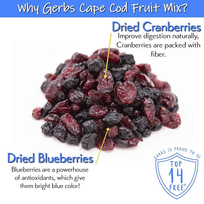 Gerbs Sweetened Blueberry &amp Cranberry Dried Fruit Snack Mix 2 lbs. | Unsulfured No Preservatives Resealable Bag | Naturally Sweet &amp Chewy with Tart Berry Flavor | Top 14 Allergen-Free