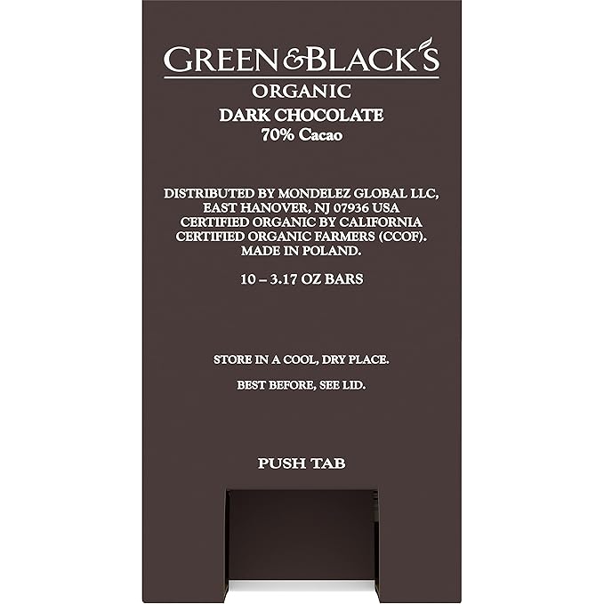 Green &amp Black's Organic Dark Chocolate Bar 70% Cacao 10 - 3.17 oz Bars
