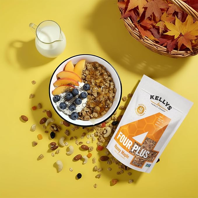 Kellys Four Plus Granola Cereal | Honey Maple Healthy Granola for Yogurt | Hand Made Snacks for Breakfast - 12 oz (Pack of 6)