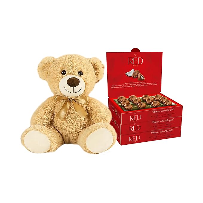 RED Delight®™ Milk Chocolate Diamond Truffles - with Coconut Filling (3 Boxes (4.66 OZ EACH) + 14 Plush Teddy Bear)