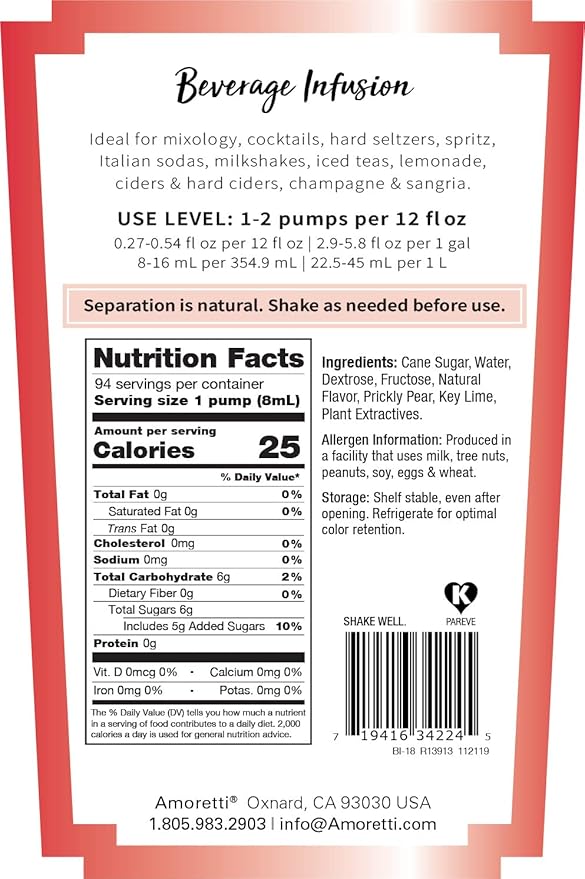 Amoretti - Prickly Pear Key Lime Beverage Infusion - Drink Mix &amp Water Enhancer with Pump for Flavoring Cocktails Waters Teas and other Beverages Preservative Free