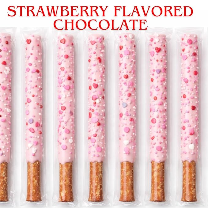 16 Valentine’s Day Strawberry Chocolate Pretzel Rods – Individually Wrapped