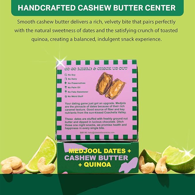 Date Better Cashew Lime Crisp Stuffed Medjool Dates - Dark Chocolate-Covered Dates Filled With Creamy Cashew Butter &amp Toasted Quinoa | No Artificial Sweeteners Gluten-Free &amp Vegan (6-Pack)