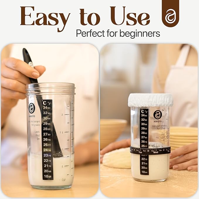 Sourdough Starter Kit Includes 24 oz Sourdough Starter Jar with Metallic Lid Silicone Spatula Feeding Tracker Extra Thermometer Strips &amp Breathable Covers - Sourdough Bread Starter Kit