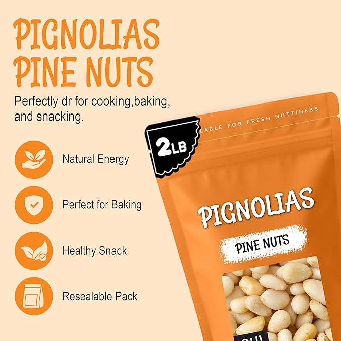 Oh! Nuts Pine Nuts - Raw - 100% Natural - 2 lb - Pignoli Packed with Protein - Packed in New York Zip-Seal Bag for Exceptional Freshness