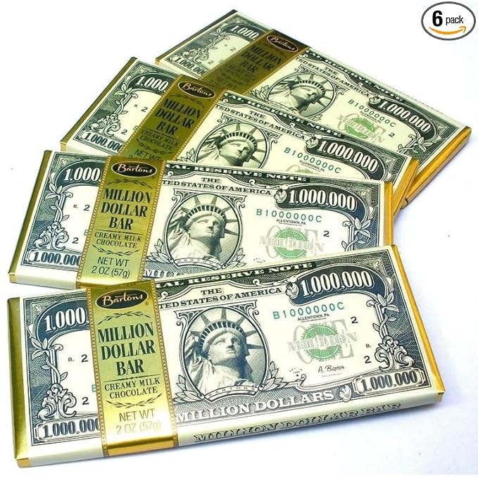 Million Dollar Chocolate Bar – Rich Milk Chocolate Novelty Candy Gift Money-Themed Treat Party Favor Stocking Stuffer - Pack of 6