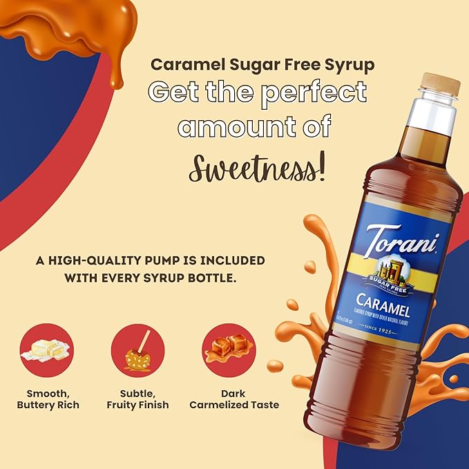 Torani Sugar Free Caramel Coffee Syrup 1 Liter Bottle with Pump Dispenser – Zero Calorie Flavored Syrup for Lattes Teas Cocktails &amp Desserts – Premium Quality