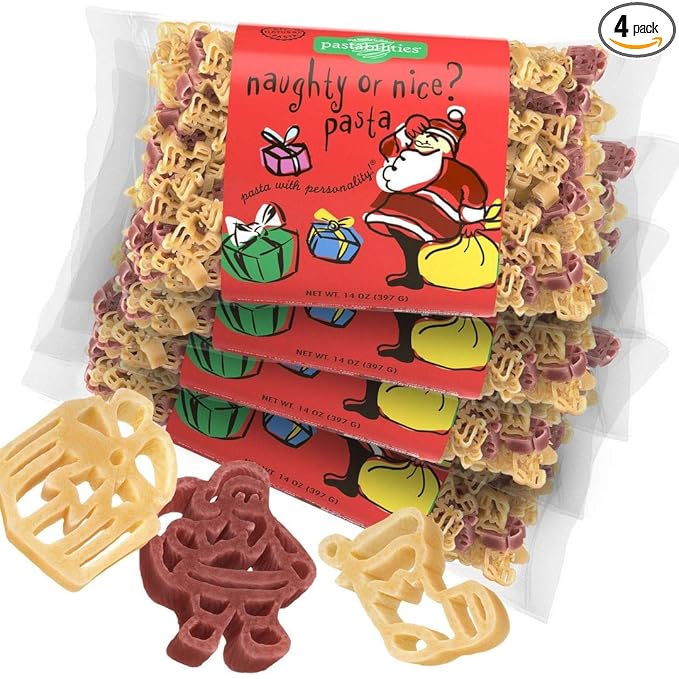 Pastabilities Fun Shaped Pasta for Kids - Christmas - Naughty or Nice Holiday Theme Non-GMO Natural Wheat and Vegetable Pasta All-Natural Kosher Certified Made in the USA (4 Pack 14 Oz)