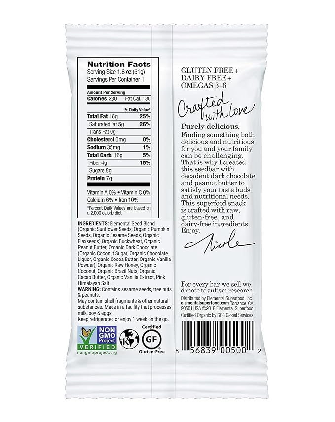 Elemental Superfood Seedbar Dark Chocolate + Peanut Butter 1.8 Ounce - 12 Pack 100% Certified Organic Non-GMO Verified Gluten Free Dairy Free Plant Based