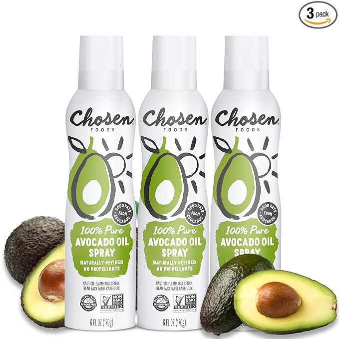 Chosen Foods 100% Pure Avocado Oil Spray Keto Diet Friendly Kosher Cooking Spray for Baking High-Heat Cooking and Frying (6 oz 3 Pack)