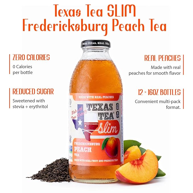 Texas Tea SLIM Fredericksburg Diet Peach Tea – Zero Calories Reduced Sugar Organic Black Tea with Real Texas Peaches Small-Batch Brewed 12-Pack 16oz Glass Bottles Southern Sweet Iced Tea