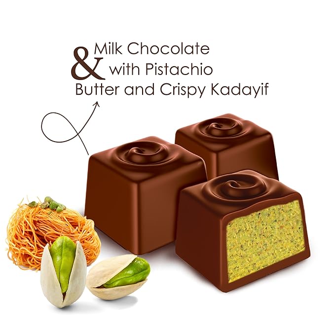 Fiorella Dubai Style Milk Chocolate Pistachio Squares Filled Chocolate With Pistachio Butter &amp Crispy Kadayif Individually Wrapped Chocolate Pieces 24 Count Box