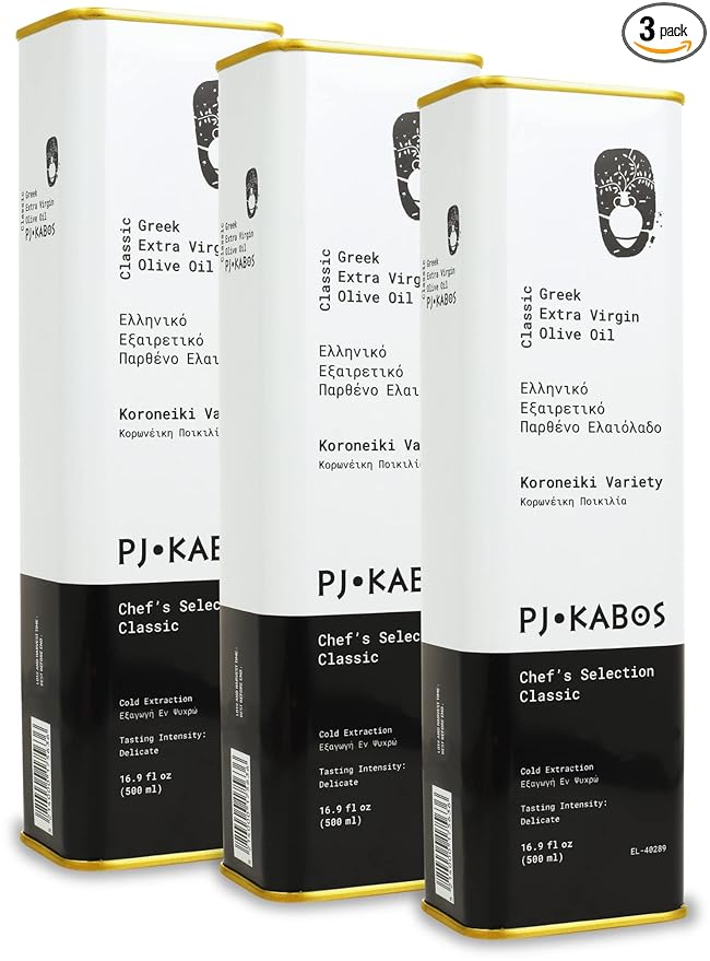 P.J. KABOS 2024/25 Harvest Everyday Greek Extra Virgin Olive Oil Kosher Greece Cold Extracted 16.9 oz Tin Koroneiki Chef's Selection Classic - Delicate (3-Pack)