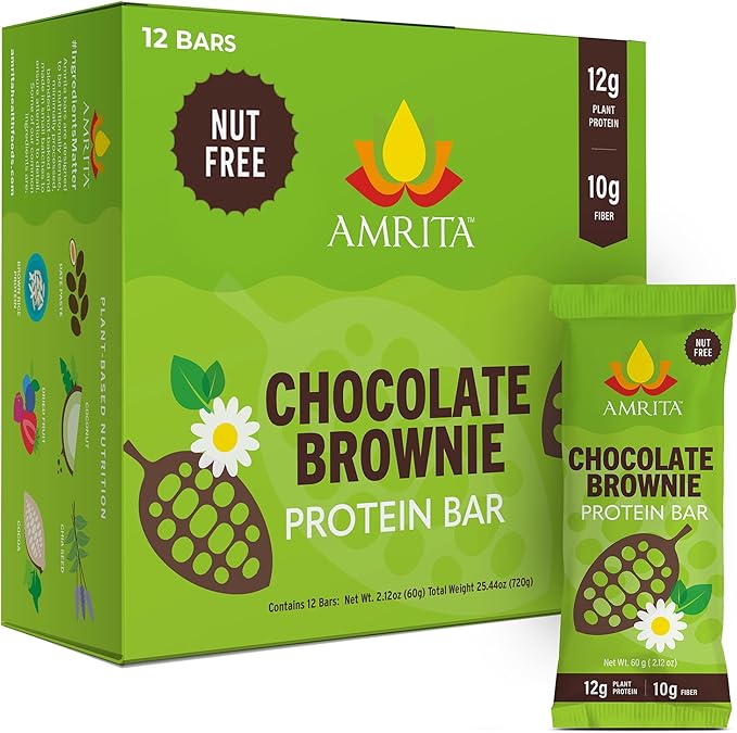 Amrita Nut Free Chocolate Brownie Vegan Protein Bars (12 Count) | 12g Plant-Based Protein Bar | Peanut Free Gluten Free and Dairy Free | Low Sugar High Fiber Healthy School-Safe Snacks