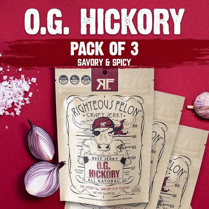 Righteous Felon Beef Jerky - OG Hickory Flavor - All-Natural Jerky - Locally Sourced &amp Dried Beef Jerky - Low-Sugar High-Protein Healthy Snacks - 2 Ounces Each Pack of 3